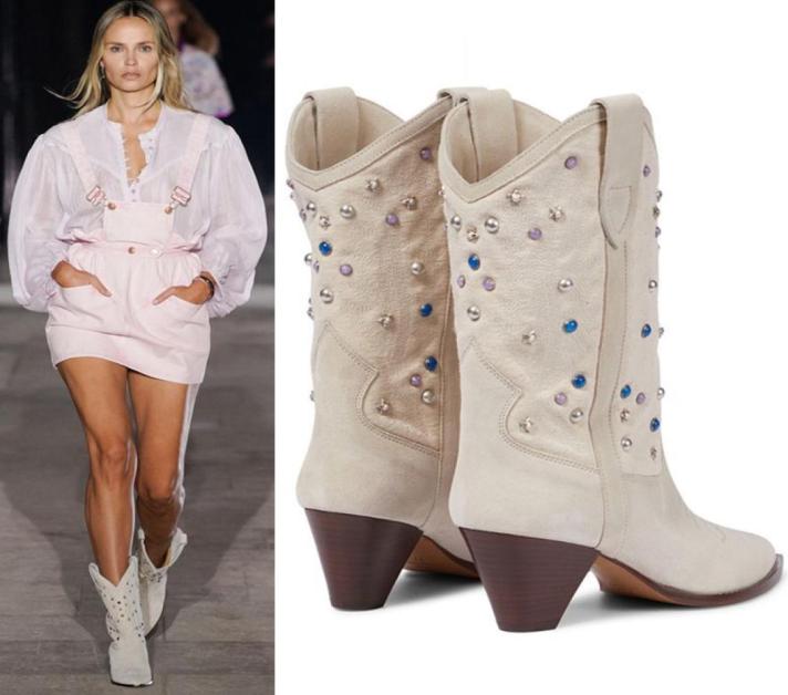 

Autumn and Winter Ankle Boots Chunky Low Heel Pointed Toe Suede Boot Embossed Rivet Western Cowboy Shoes Fashion Casual Shoe6180076, Black