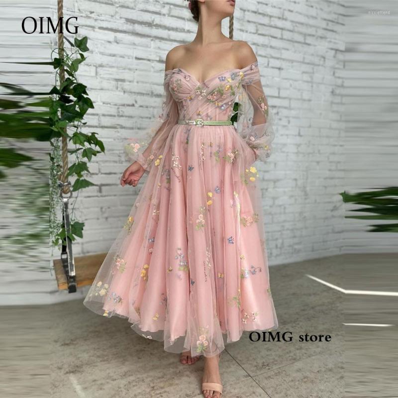 

Party Dresses OIMG Princess Baby Pink Tulle Prom Off The Shoulder Puff Long Sleeves Sweetheart Velvet Belt Pockets Evening Gowns, Beige