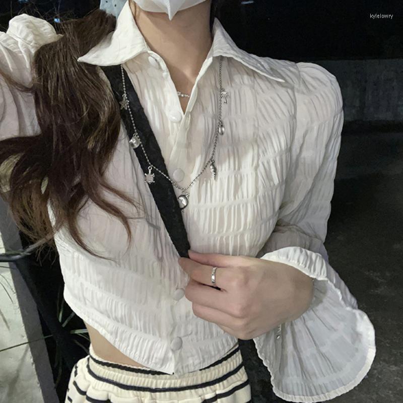 

Women' Blouses Slim Fit Camisa Bow Bandage Backless Shirts Women Lapel Puff Sleeve Solid Button Chemise Femme American Street Crop Tops, Beige shirt