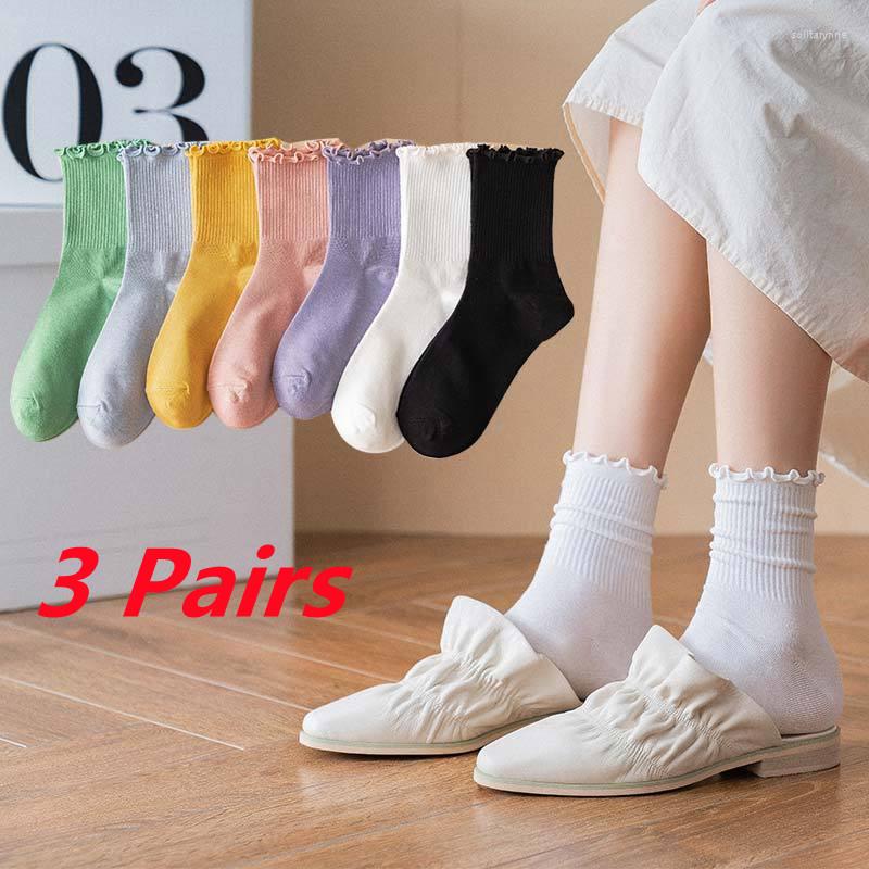 

Women Socks 3 Pairs Cotton Ruffle Frilly Black White Cute Autumn Summer Fashion Solid Color Soft Happy Girl 2023, Beige