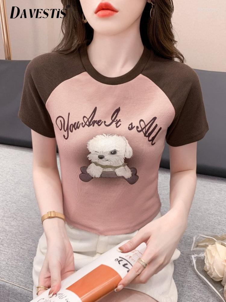 

Women' T Shirts Pure Cotton Fashion Color Contrast T-shirt Women 2023 Summer Breathable Dog Print Short Sleeve Tops, Pink