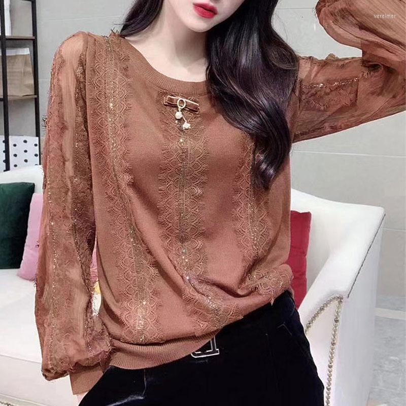 

Women' Blouses 2023 Spring Autumn Lace Patchwork Gauze Blouse Female Clothing Fashion Bow Three-dimensional Decoration Casual Round Neck, Khaki