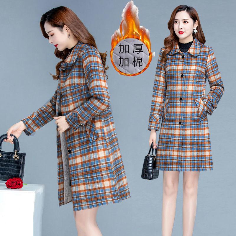 

Fur Autumn Winter Plaid Woolen Coat Women 2022 New Fashion middle aged Fashion Thicken Warm Woolen Outerwear Female Overcoat, Blue