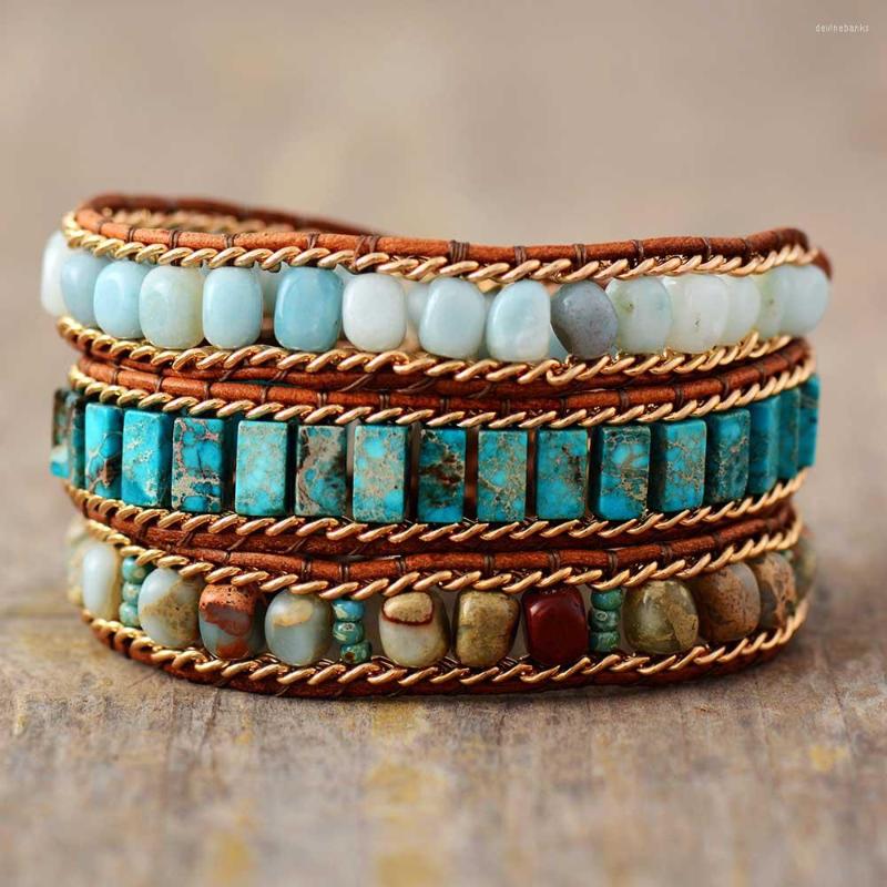 

Strand Handmade Multi Leather Wrap Bracelet Vintage Natural Stone Weaving Wristband Cuff Bohemian Jewelry