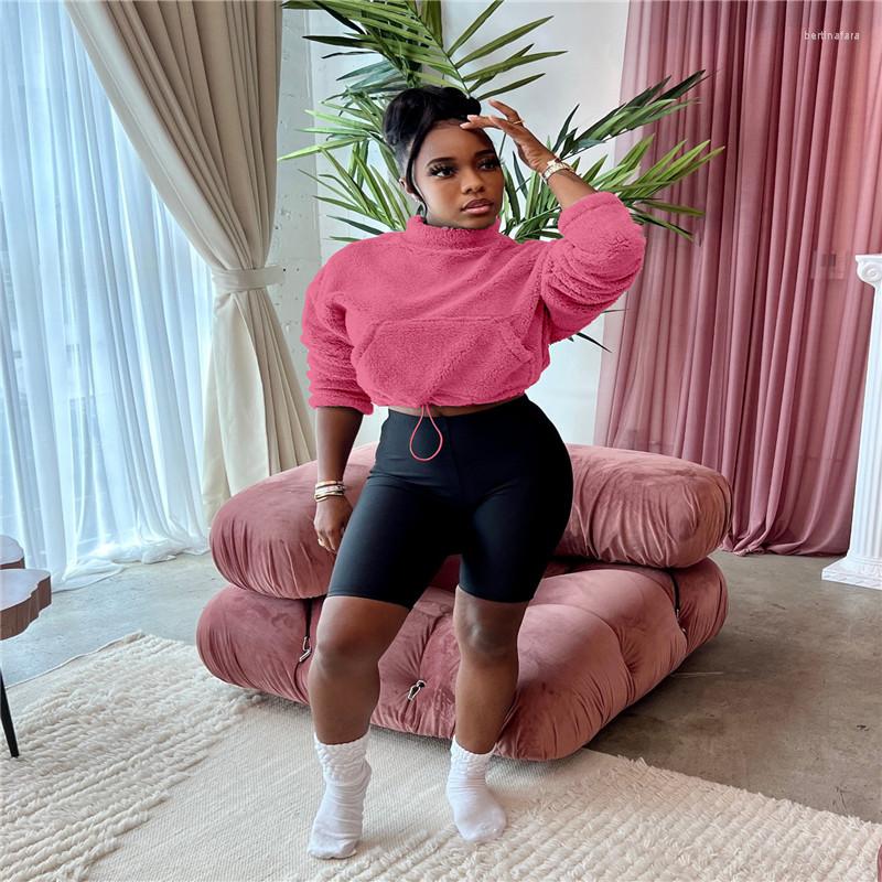 

Women' Tracksuits Fashion O-neck Long Sleeve Stitching Pocket Solid Color Top And High Waist Tight Shorts Spring Workplace Women Suit, Black