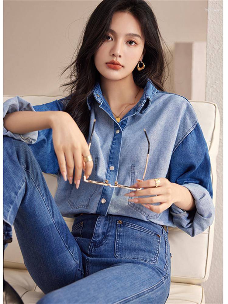

Women' Blouses Women Blouse Female Shirt Summer Womens Spring Maxi Blusas Casual Cowboy Vintage Long Sleeve Denim Oversize Loose, Blue