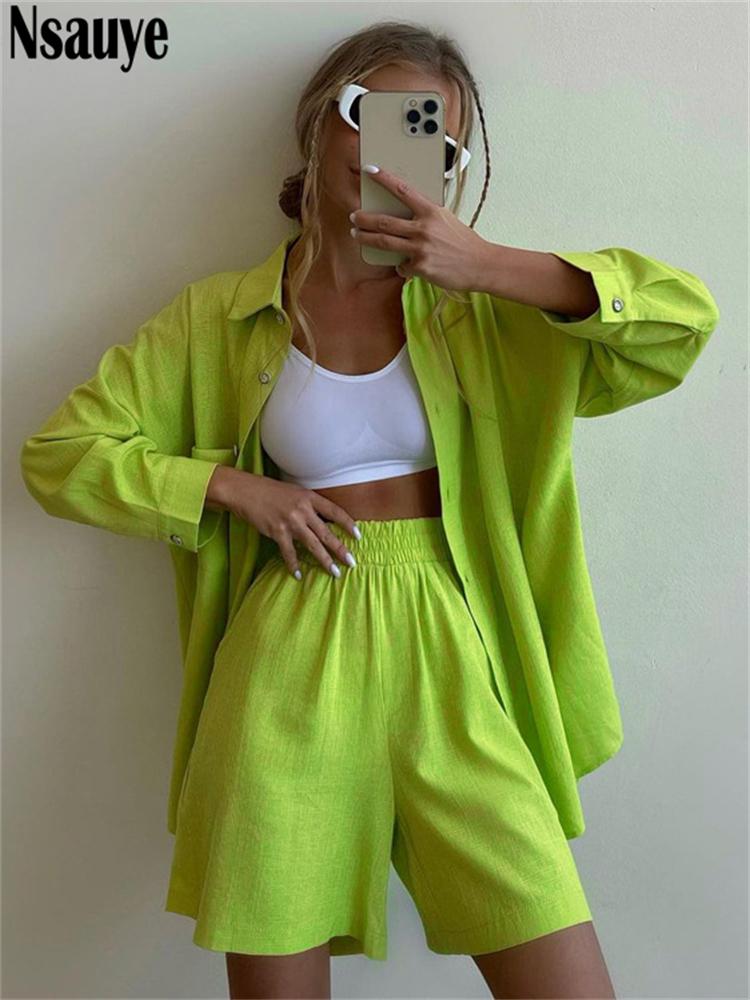 

Dress Nsauye Women Fashion Green Suit 2022 Loose Casual Long Sleeve Autumn Shirt Tops And Mini Shorts Two Piece Set Sports Outfits, Blue