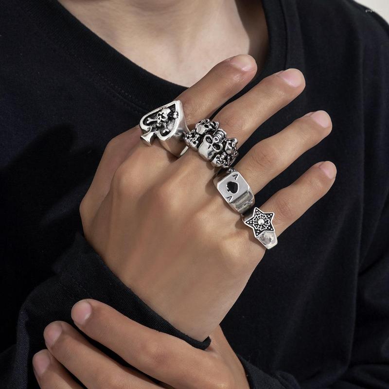 

Cluster Rings Punk For WoMen Vintage Personalized Retro Skull Spade A Five Pointed Star Design Men's Ring Four Piece Set Byx