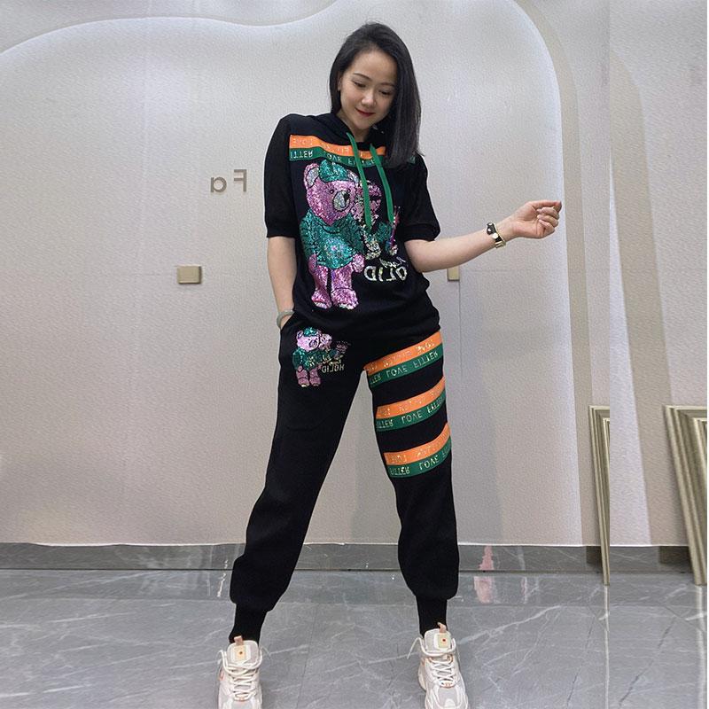 

Dress WOMEN SPRING CARTOON BEAR RHINESTONES 2 PIECE SET LOOSE KNITTING SHORT SLEEVE T SHIRT AND PANTS TWO PIECE TRACKSUIT FOR WOMEN