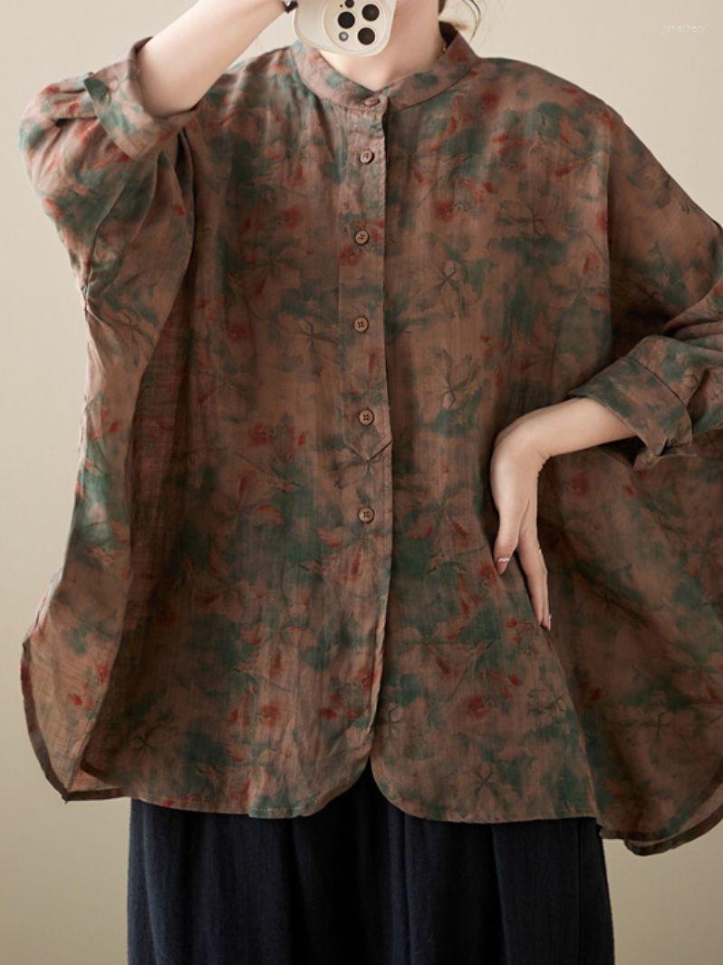 

Women's Blouses Ethnic Style Women's Clothing 2023 Spring And Summer Shirt Literary Print Loose Bat Sleeve Single Breasted Top, Auburn
