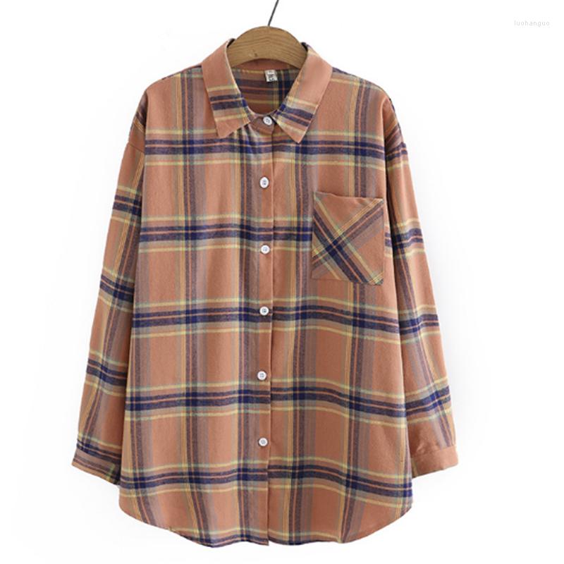 

Women's Blouses Women's Elegant And Youth Woman Autumn Clothes Mid-Length Cotton Ground Wool Plaid Shirt Loose Casual Thin Coat, Khaki