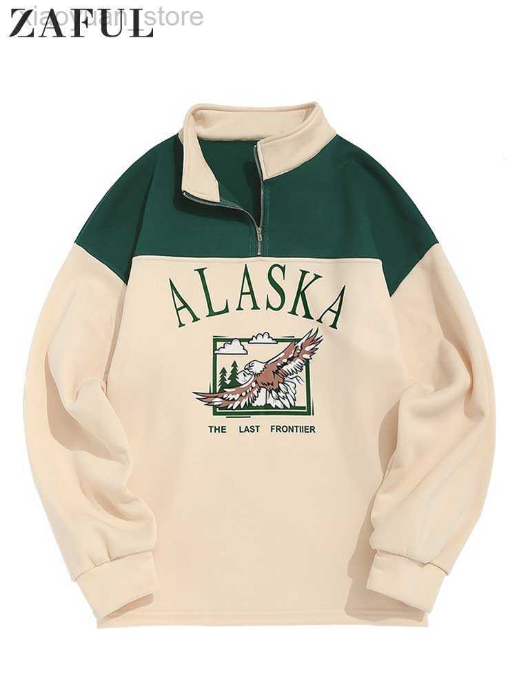 

Men's Hoodies Sweatshirts ZAFUL Fleece Hoodie for Men ALASKA Graphic Eagle Printed Sweatshirt Colorblock Vintage Streetwear Pullover Sweats Unisex Style, Black