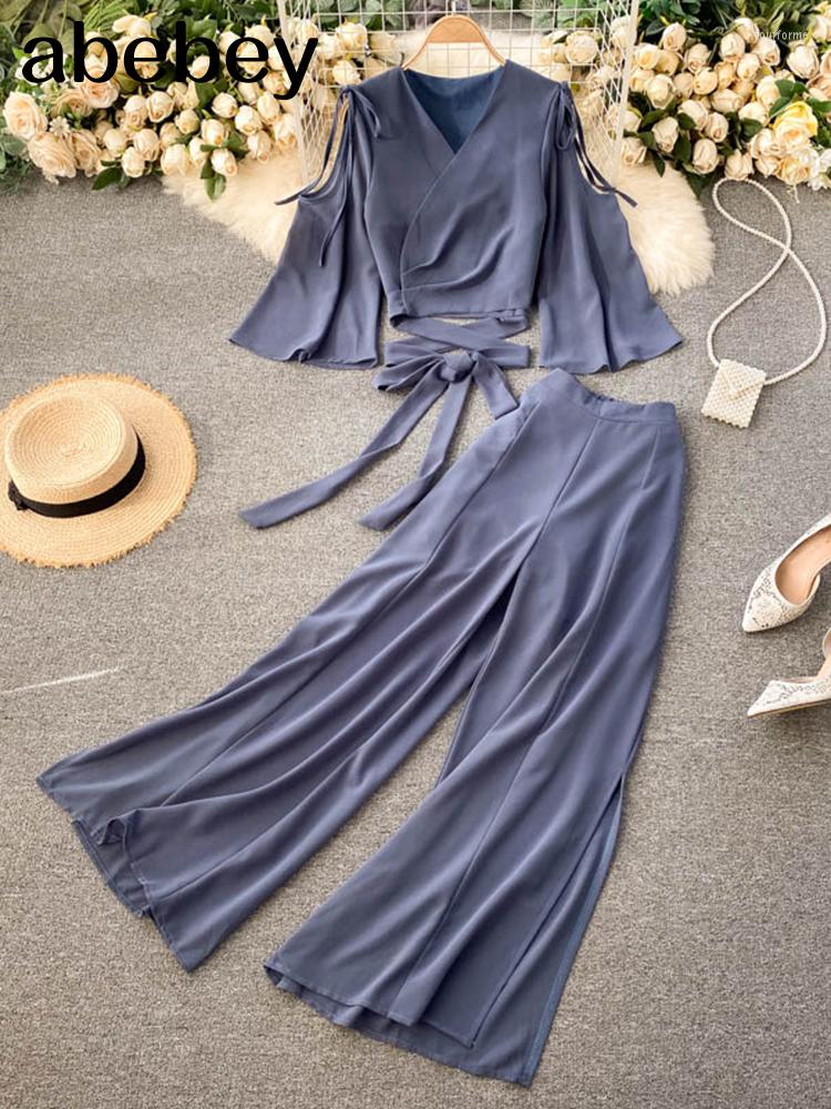 

Women's Two Piece Pants Women Autumn French Solid Holiday Set Design Off Shoulder V Neck Short Tops Sexy Split High Waist Pieces, Black