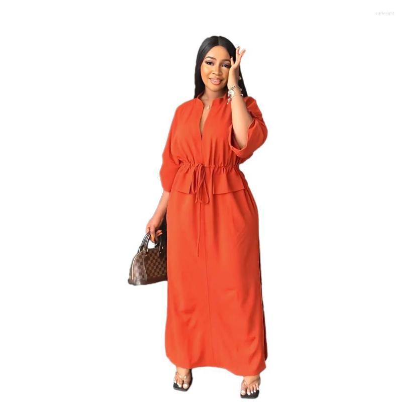 

Ethnic Clothing Maxi Dress African Dresses For Women Summer Elegant Long Sleeve V-neck Polyester Solid Color