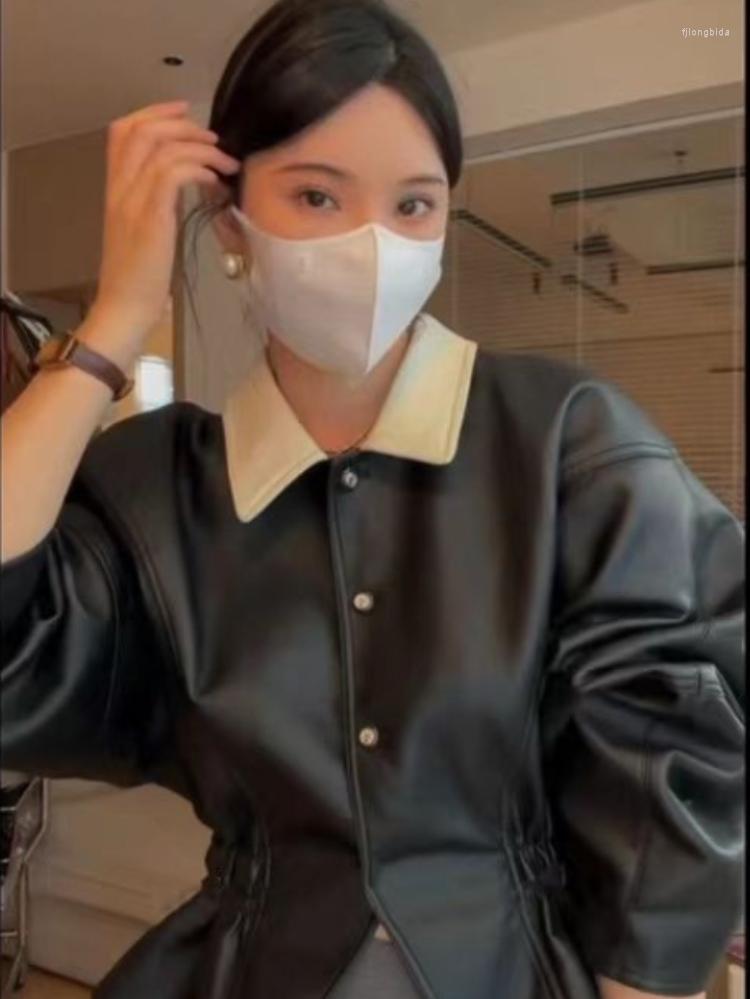 

Women' Jackets Spring Y2k Aesthetic Slim Waist Tunic Turn Down Collar Pu Jacket Contrast Color All Match Tops Women Harajuku Loose Casual, Black