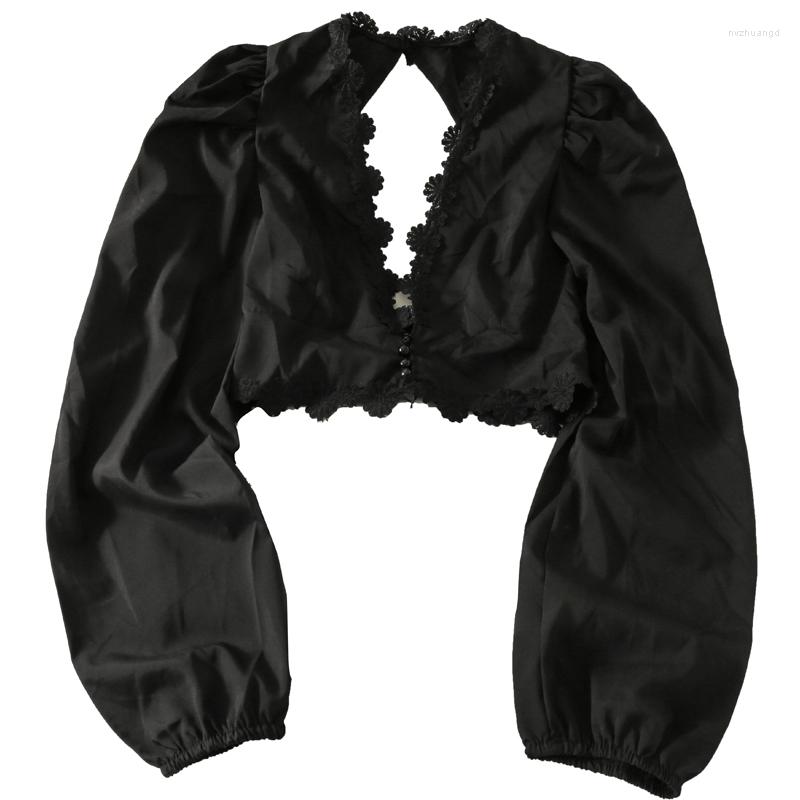 

Women's Blouses French V-neck Puff Long Sleeve Shirt, Black