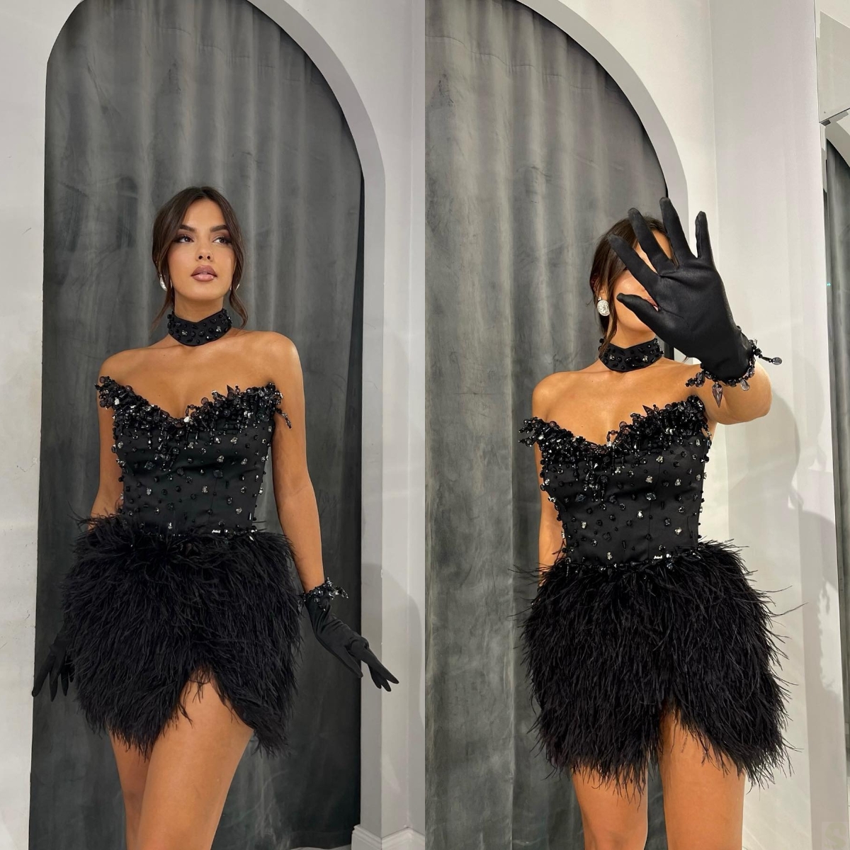 

Gorgeous Prom Dresses Sexy Sweetheart Sleeveless Beads Sequins Applicant Feathers on Dress Zipper Knee-Length Custom Made Party Dress Vestido De Noite, White
