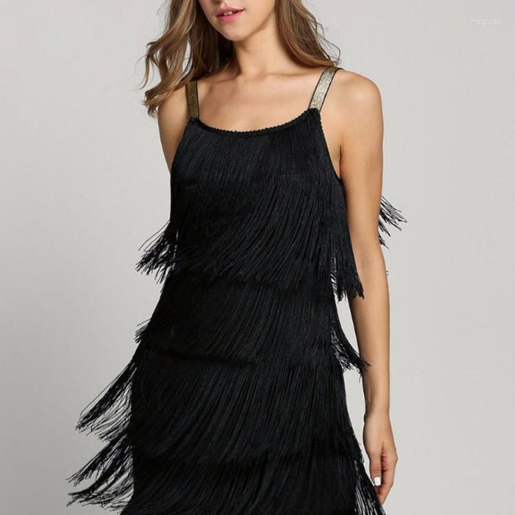 

Casual Dresses Women Fringe Bodycon Dress Chic Tassel Sleeveless A-line Skirt Elegant Saias Faldas Big Size Suspender Sexy Evening, Black