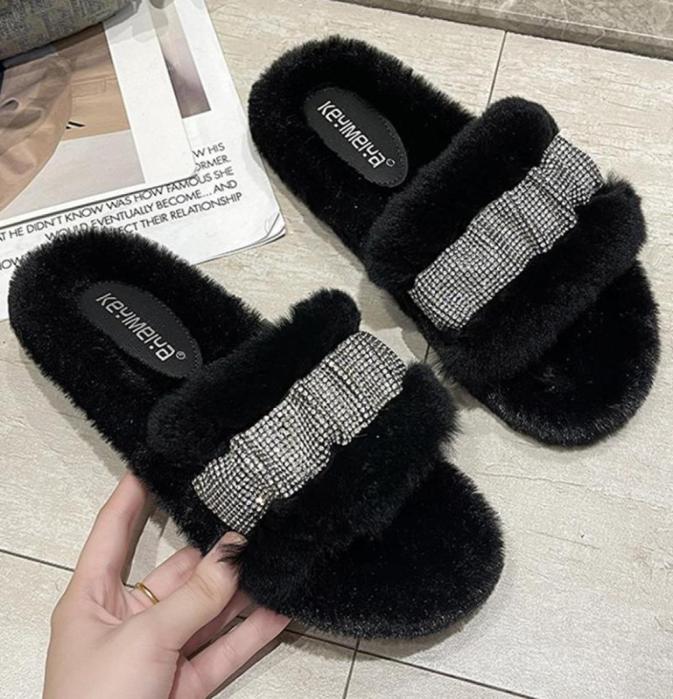 

Slippers Spring Autumn 2021 Furry Women House Flats Flip Flops Shoes Female Bling Casual Slides For Ladies Home2188526, Black