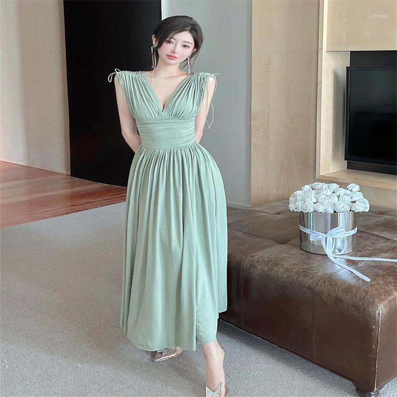 

Casual Dresses Elegant Loose Cotton Linen Long Dress Deep V-Neck Sleeveless Pleated Sexy Midi 2023 Vacation Beach Corset Lady, Green