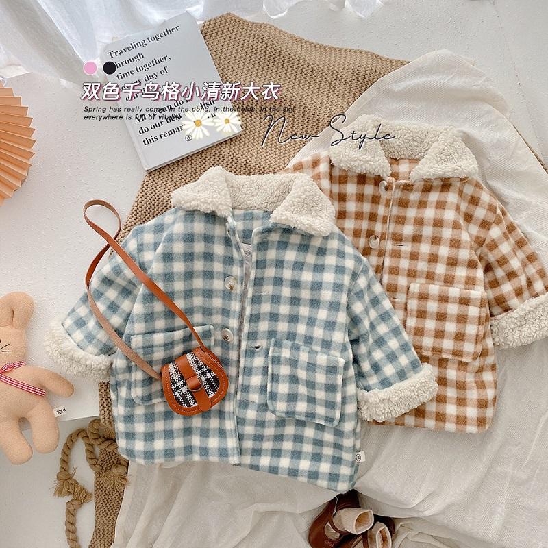 

Jackets Girls Plaid Coat For 0-6 8 Years Old Autumn Winter Korean Style Lamb Wool Large Pocket Padded Baby Woolen Jacket