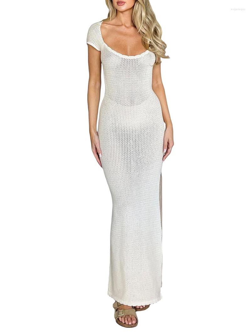 

Casual Dresses Luxe Simple V-neck Ribbed Knit Women Long Summer Dress Short Sleeve Scoop Neck Hollowed Solid Slit Slim Fit