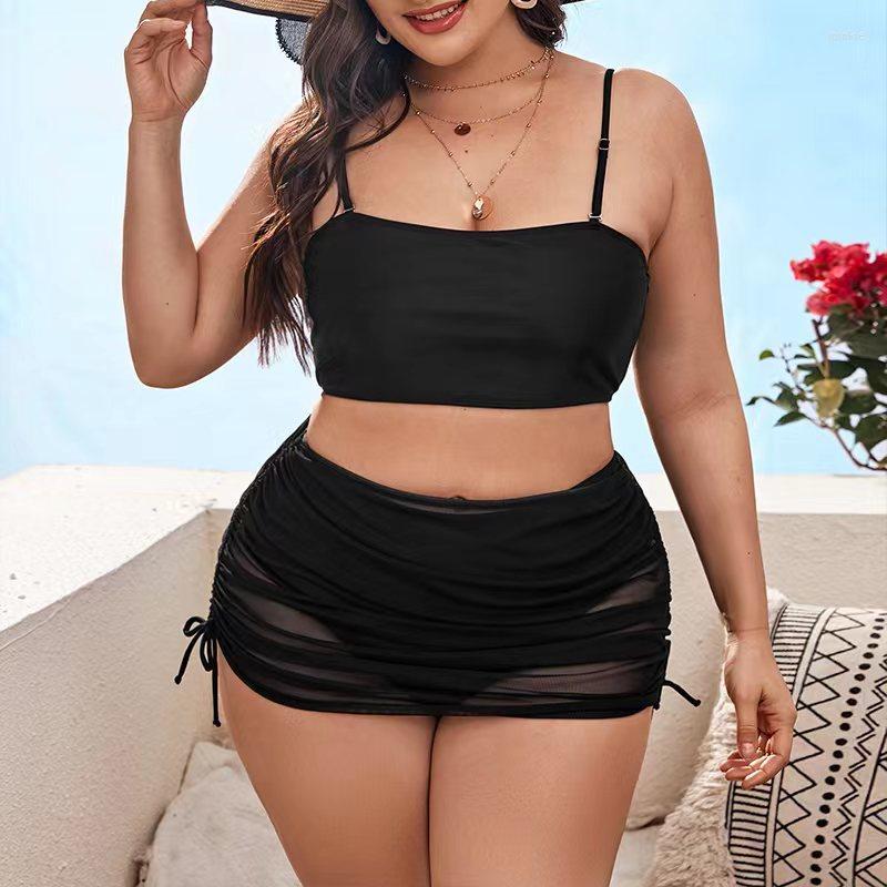 

Women's Swimwear Oversized Beachwear Fat Girl Women's Swim Suit Solid Large Plus Big Size Bikini Swimsuit Three-piece, Black