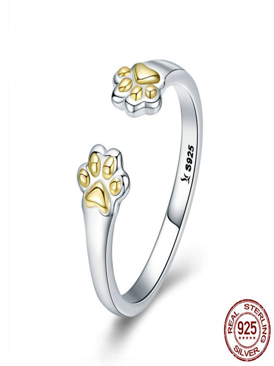 

925 Sterling Silver Footprint Paw Dog Lovely Band Rings For Women ladies Gold Plated design cat girls jewellry6324039