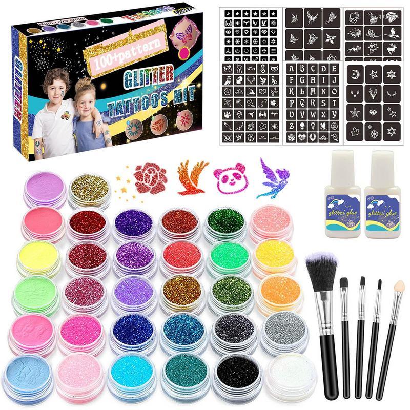 

Nail Art Kits Tattoo Glitter Set Temporary Face Kit 26Gliters & 6template 5Brushes 2Glues Painting For Kids