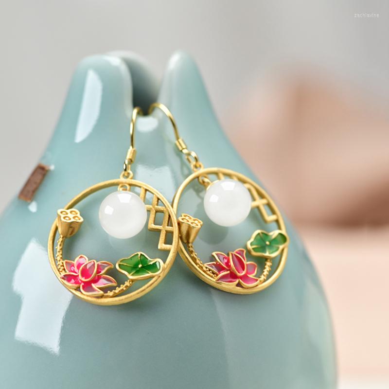 

Dangle Earrings Natural Hetian White Jade Round Beads Enamel Porcelain Lotus For Women Ancient Rhyme Hollow Design Ethnic Style Jewelry
