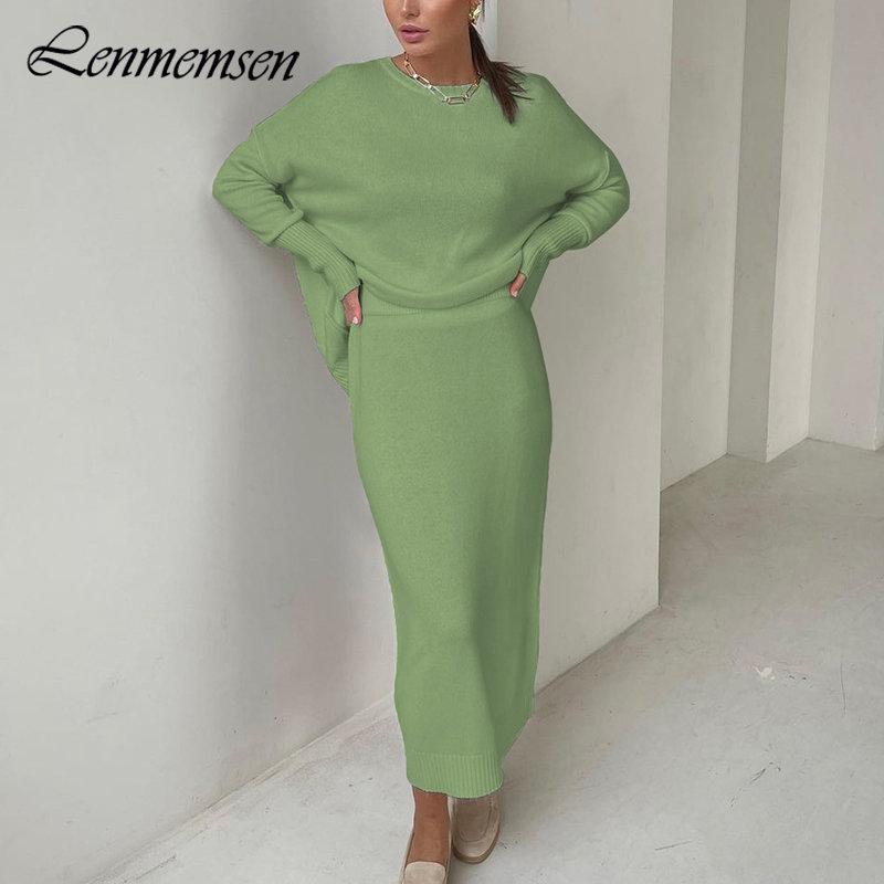 

Dress Lenmemsen Elegant Loose Knitted Suit Women Winter Soft Long Sleeve Sweater and Midi Dress 2 Peices Sets Female Solid Tracksuit, Khaki