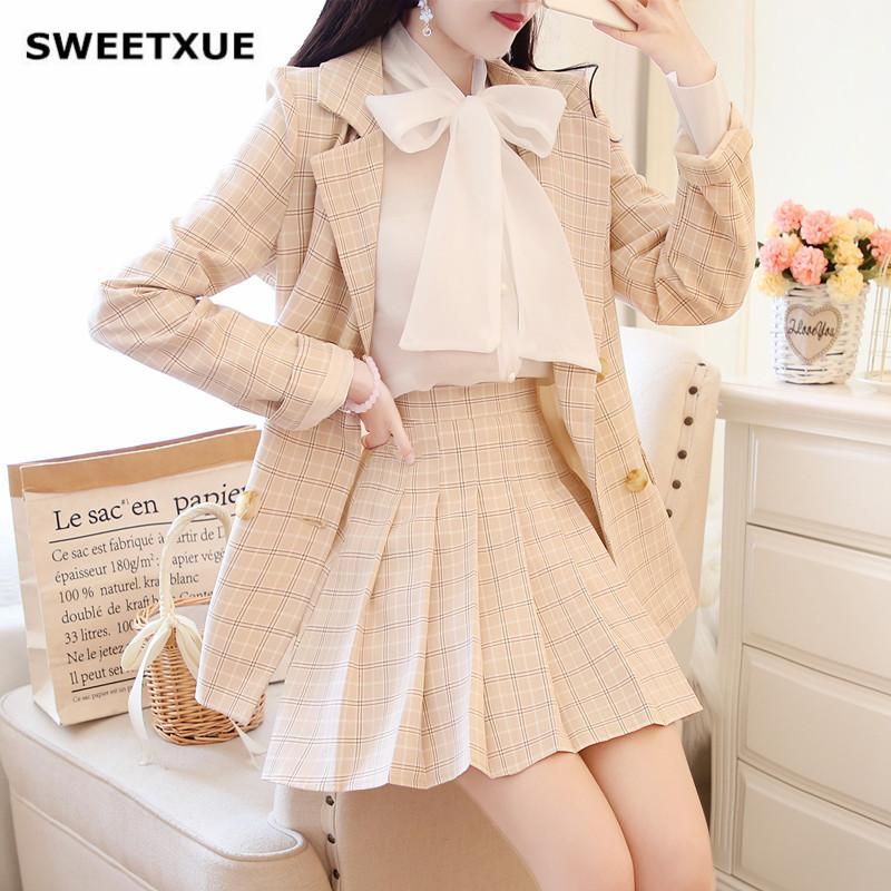 

Pants SWEETXUE FASHION ELEGANT SKIRT SUITS WOMEN PLAID BLAZER SUIT JACKET + SLIM MINI SKIRTS + WHITE BOW SHIRT 3 PIECES OL SETS 2021, Apricot