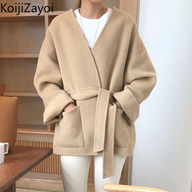 

Fur Koijizayoi Women Elegant Wool Blends Office Lady Autumn Winter Korean Thick Long Coat Belted Bandage Jacket Dropshipping Tops, Khaki