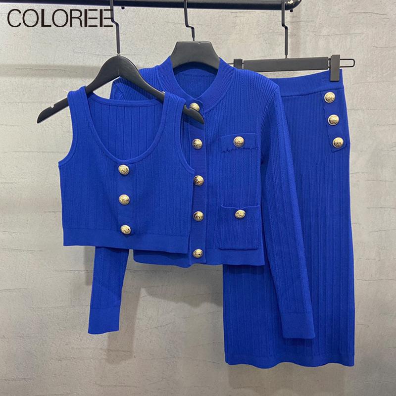 

Dress Luxury Designers 2 Piece Sets Womens Outfits 2022 Spring Casual Vintage Oneck Knitted Cardigan +midi Skirt Two Piece Set Women, Blue vest