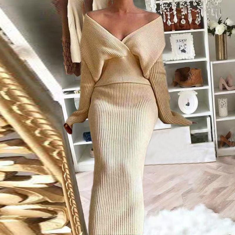 

Dress Women Long Sleeve Solid Knitted Suit 2022 Autumn Winter Deep V Neck Party Skirts Set Fashion Female Slim Rib Long Bust Outfits, 02 gray