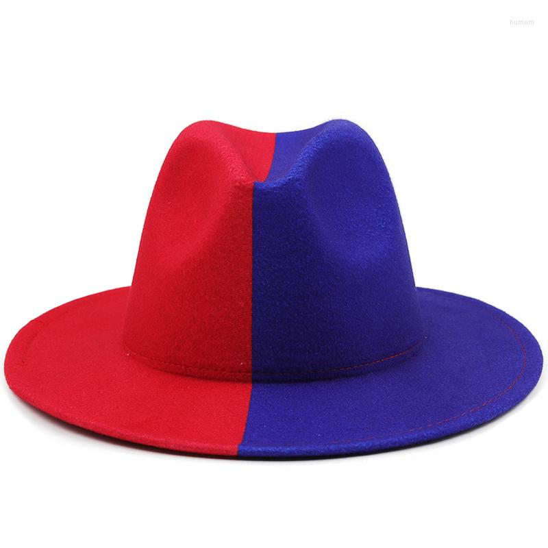 

Berets Red Blue Patchwork Wool Felt Jazz Fedora Hat Women Unisex Wide Brim Panama Party Trilby Cowboy Cap Men Gentleman Wedding