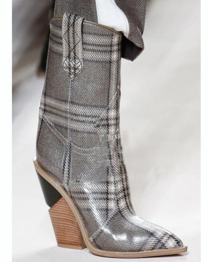 

High Street Fashion Lattice Shoes Women Wedge Ankle Boots Blue Pink Crocodile Leather Pointed Toe Knight Boot2836521, Black