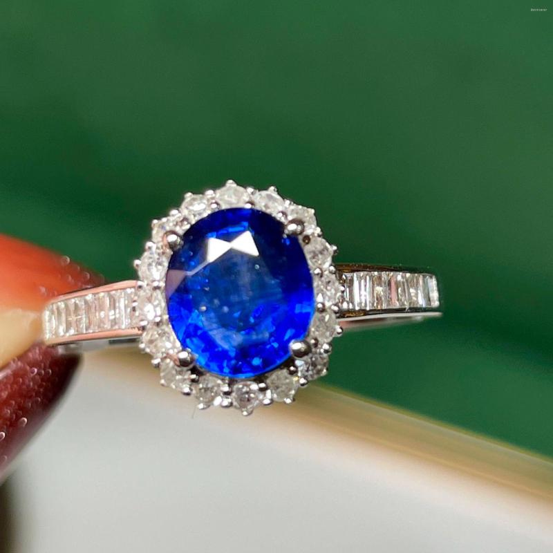 

Cluster Rings LR2023 Blue Sapphire Ring 1.75ct Real Pure 18K Natural Unheat Royal Gemstone Diamonds Stone Female