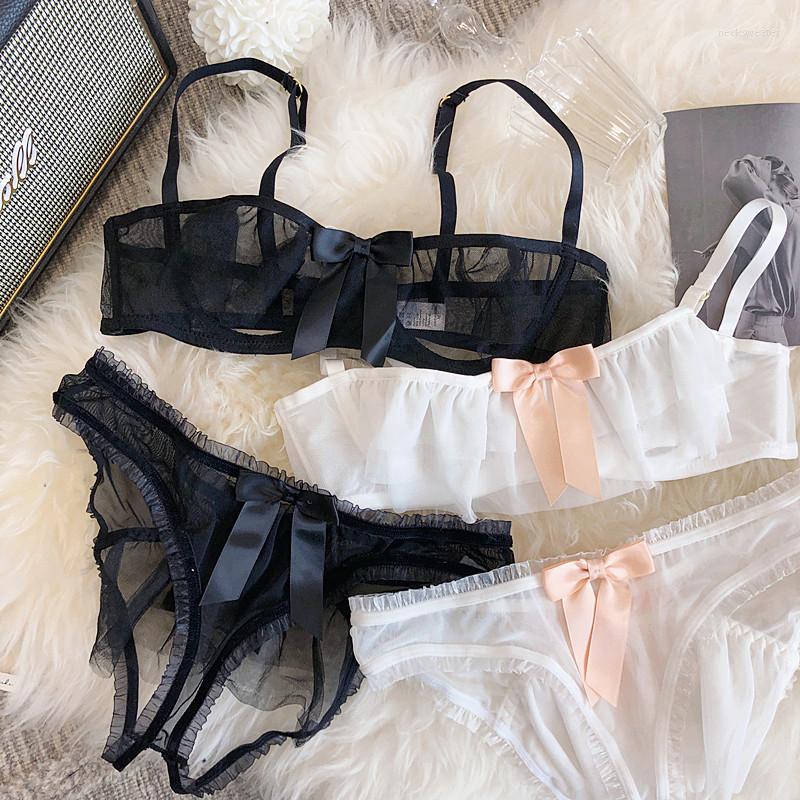 

Bras Sets Wriufred Sexy Mesh Openwork Lingerie Set Transparent Temptation Half-cup Bra Bows Gather Women Underwear, Black