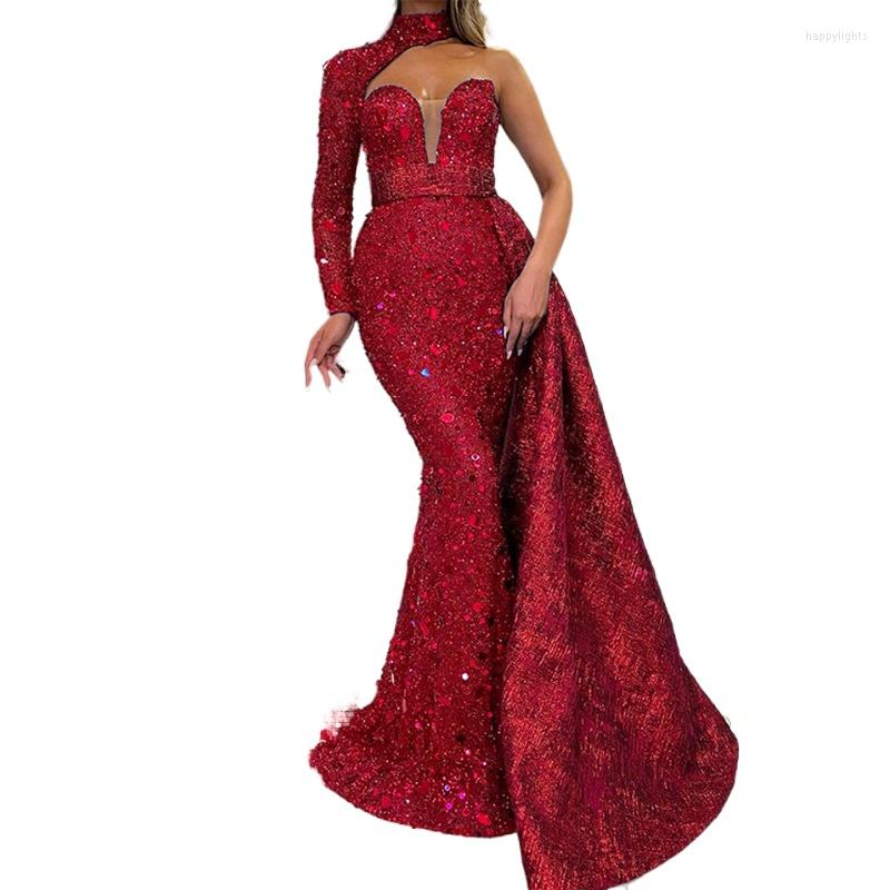 

Casual Dresses Spring Autumn Party Sequin Dress Women Dinner Slim Blue Elegant One-Shoulder Mermaid Sexy High Waist Long Runway Girl, Xaq1258a