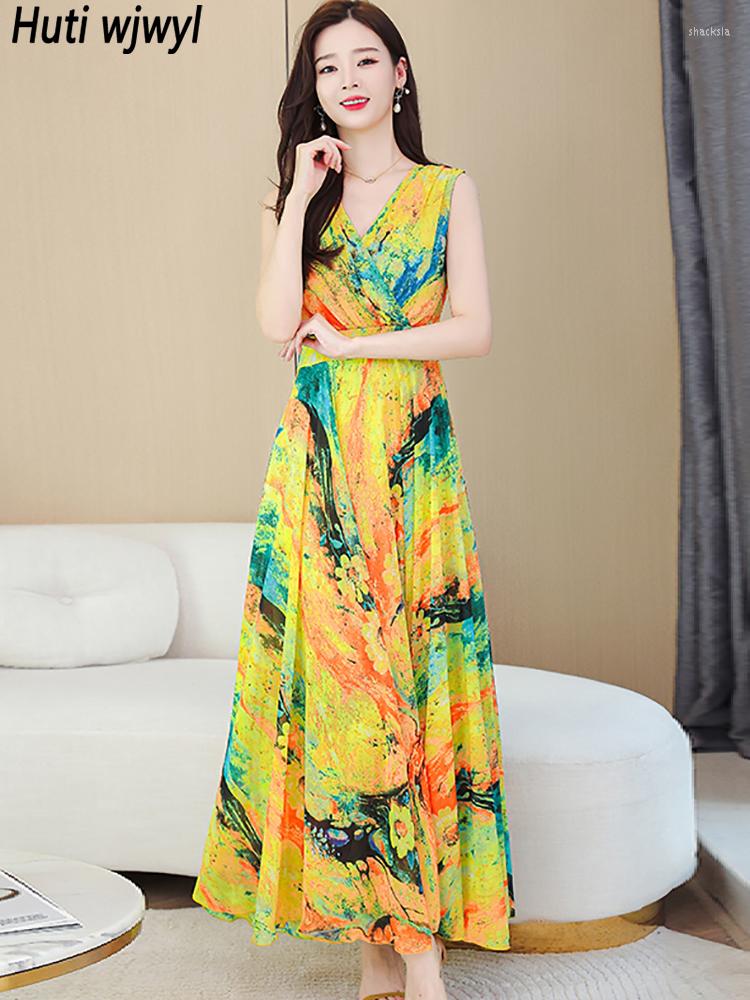 

Casual Dresses 2023 Floral Chiffon Boho Beach Long Dress Summer Fashion Sleeveless Party Night Women Elegant Bodycon Prom Vestidos, Green