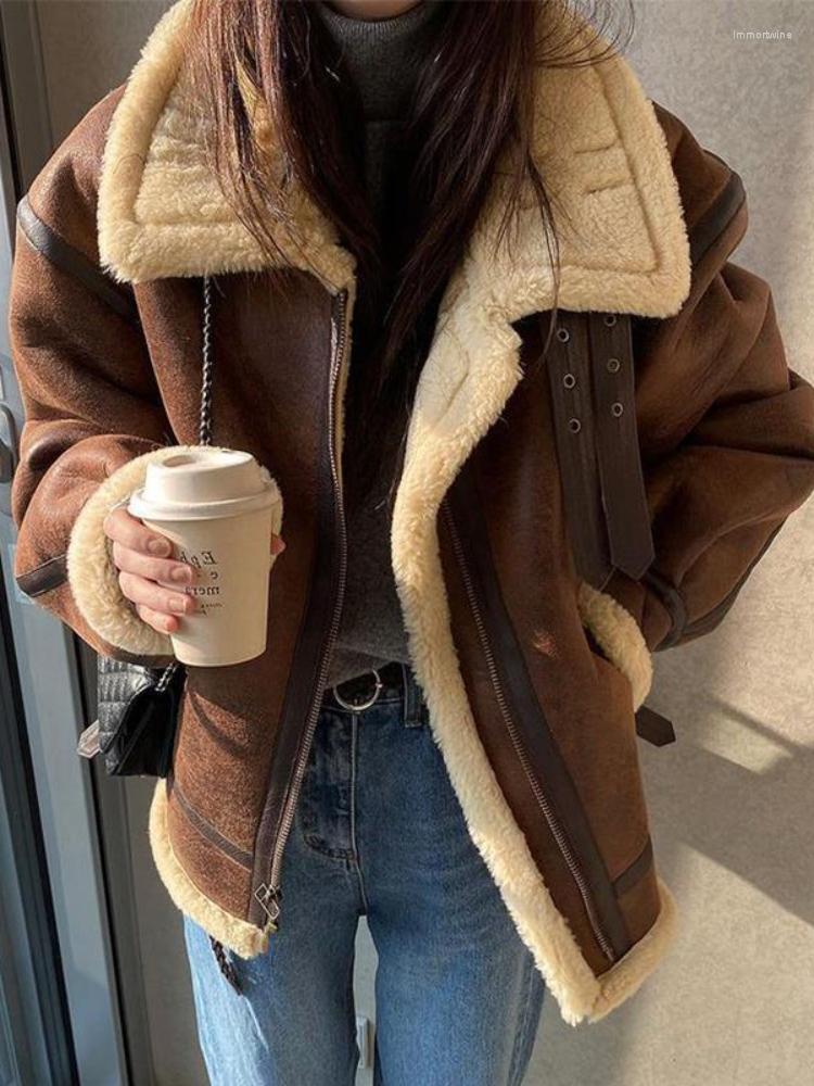 

Women' Fur Stand Collar Lamb Coat Women' Winter Motorcycle Wear Thickened One Piece Vintage Jacket Top Clothes, Brown
