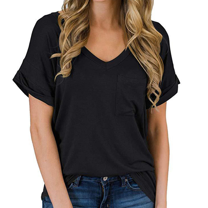 

Women's T Shirts 2023 Summer Autumn V-neck Pocket Classic Casual Rolled-up Short-sleeved Loose-fitting Cotton Wear TopWomen's, T-02-leo-orange