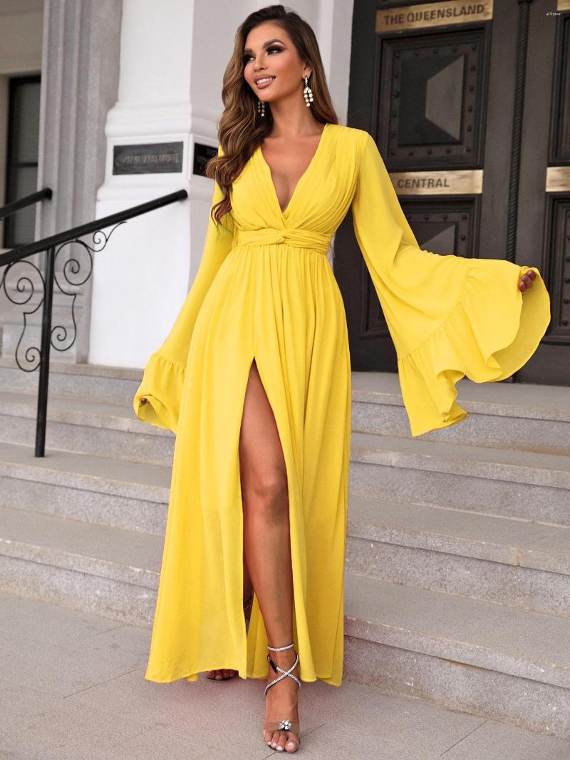 

Casual Dresses Yissang Plunging Neck Flounce Sleeve Twist Front Split Thigh Dress, Dhm929-blue