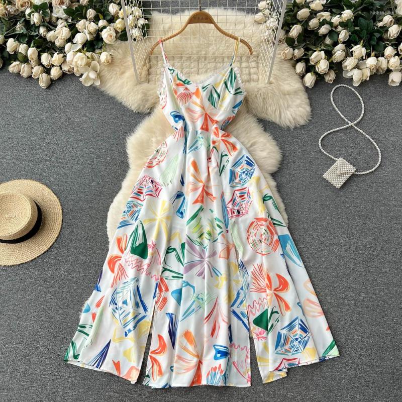 

Casual Dresses Design Sense Irregular Print Heart Open Mid-length Vacation Halter Dress, As the picture