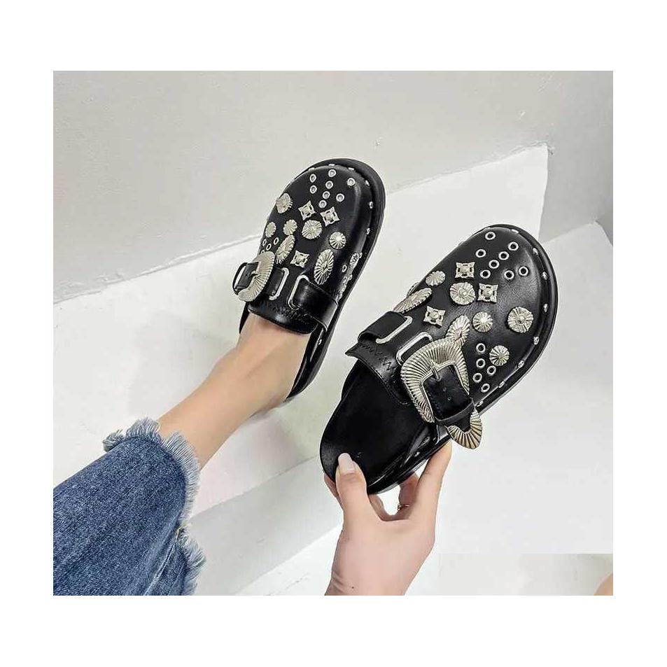 

Slippers Summer Women Platform Punk Rock Leather Mes Creative Metal Fittings Casual Party Shoes Female Outdoor Slides Drop Delivery Otopu, Black