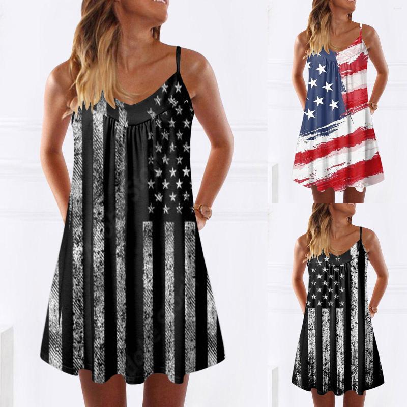 

Casual Dresses Independence Day For Women' American 4 Of July Printed Boho Sundress Women Summer Dress Round Neck Hats, Black