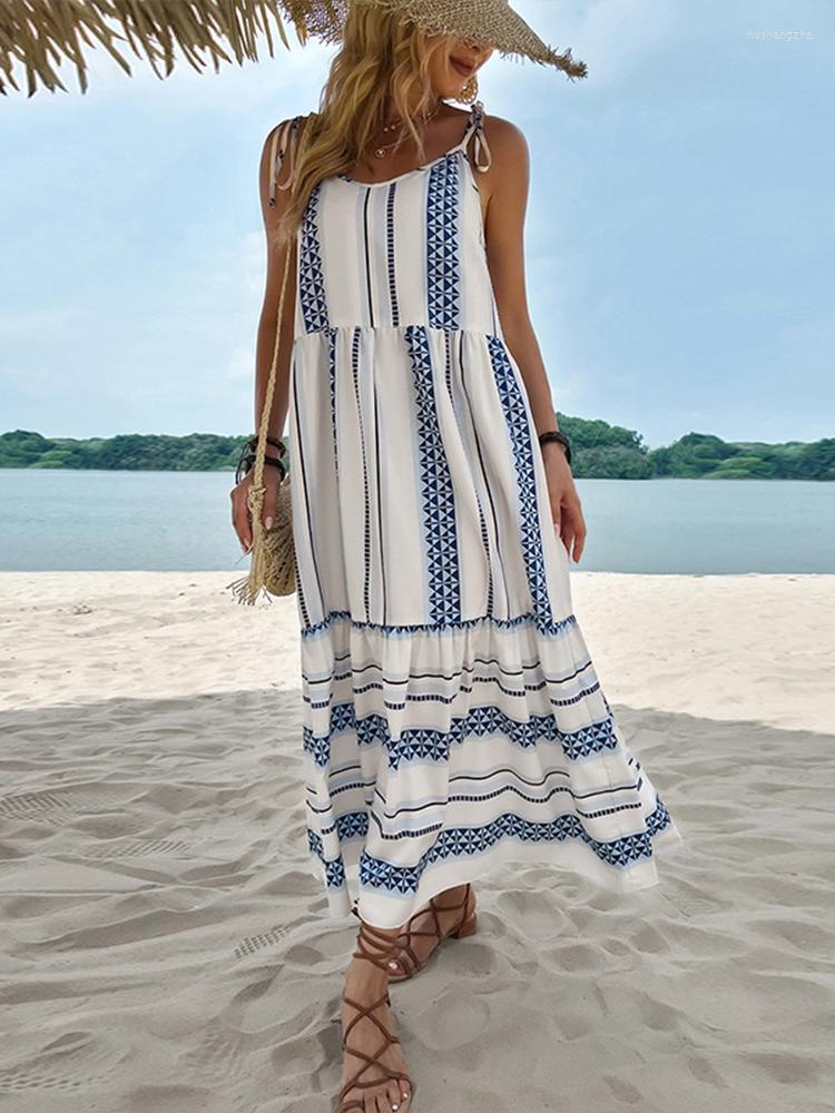 

Casual Dresses Jastie Women Summer Midi Dress Striped V-neck Backless Sexy Printed Beach Sundress Female Sleeveless Strap Vestidos, Blue