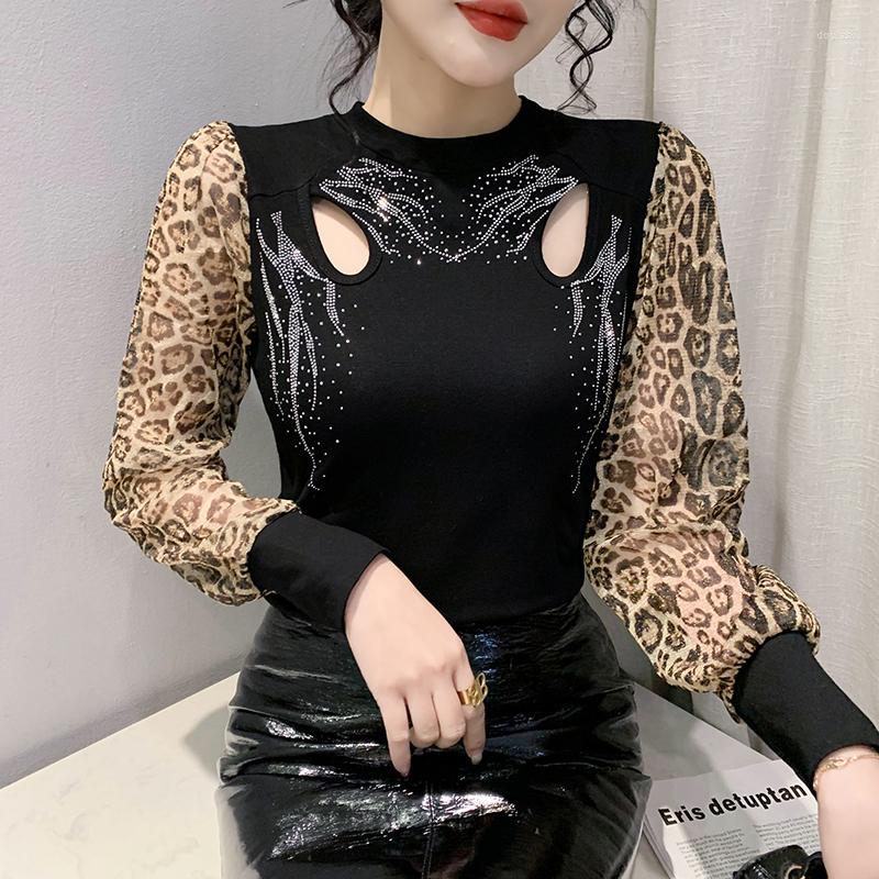 

Women's T Shirts 2023 Spring Autumn Long Sleeved Women T-Shirt Fashion Casual Hollow Out Drilling Leopard Mesh Tops Blusas, Black