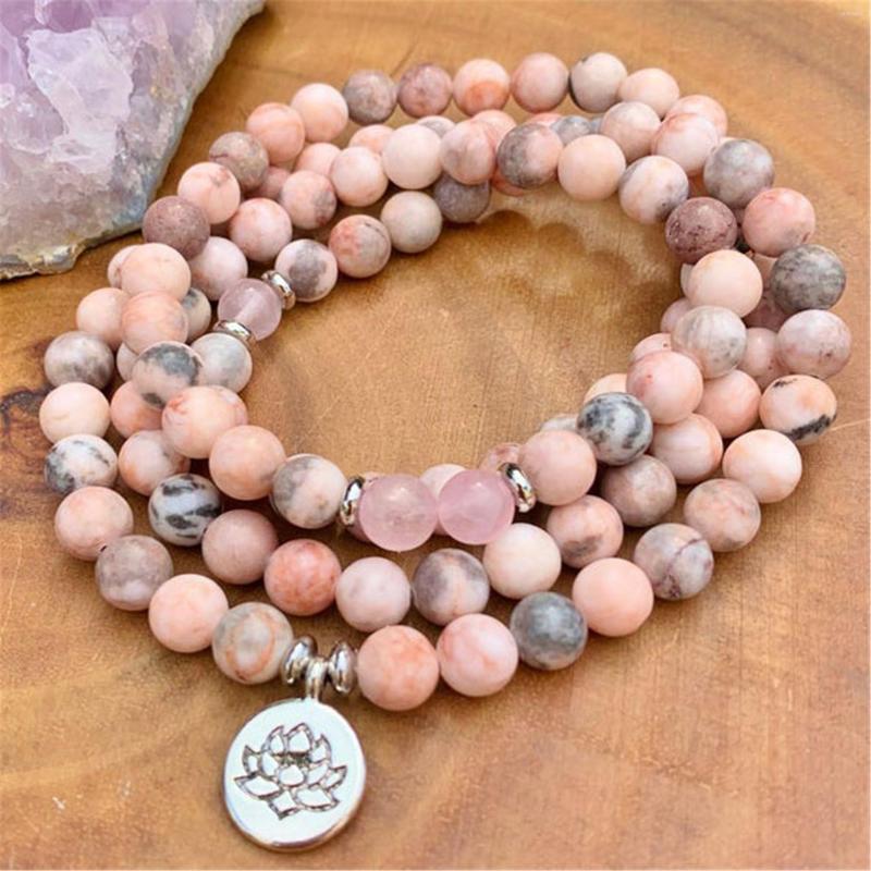 

Chains 8mm Natural Pink Zebra Jasper 108 Beads Handmade Tassel Necklace Wrist Blessing Religious Meditation Cuff Healing